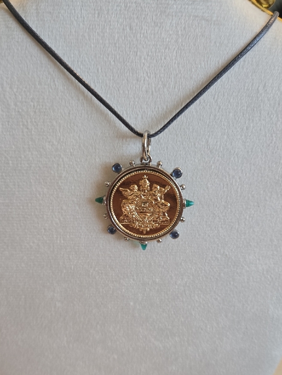 The Unbranded Brand Jewelry - French Replica Gold coin silver bezel bluegreen gemstones On Blue Leather Chain